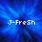 Pixelated blue background with white text reading 'J-Fresh' in a retro digital style.