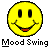 Five yellow circular pixelated faces with varying expressions above text reading "Mood Swing" on a gray background.