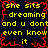 Yellow text on black background with red static lines, repeating phrases about a girl dreaming and unknown knowledge.