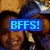 Two people in blue caps and light-colored shirts pose together, with a bright blue 'BFFS!' text overlay on the top-left image.