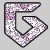 A pixelated icon with a stylized arrow shape, featuring a pink and white glittery pattern on a gray background.