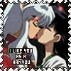 Two anime characters kiss under text reading "I LIKE YOU AS A HANYOU" with green and white text on a black background.