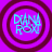 Four circular icons with purple backgrounds and dark red borders display the text "DANNY ROX" in cyan, each showing slight variations in pixel arrangement across frames.