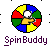 Four animated frames of a circular icon with red, yellow, green, and blue segments showing a hand holding a white ball rotating through different positions.