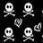 Pixel art contact sheet showing four frames of an animated buddy icon with skulls, a heart, and text elements on black background.
