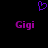 Purple pixelated heart symbol above two identical purple 'Gigi' text labels on a black background.