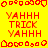 Red pixelated text and shapes on a bright yellow background with a gray rectangle in the bottom right corner.