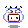 Pixelated circular icon with blue border, two antennae-like shapes on top, wide open mouth showing teeth and red interior, gray eyes with black pupils.