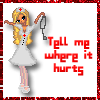 Pixelated doll avatar in white nurse outfit holding stethoscope, red text 'Tell me where it hurts' on white background with red border.