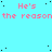 A static image with a light blue background featuring repeated pink text 'He's the reason' and scattered black dots, partially obscured by a gray rectangle on the right.