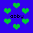Pixelated green hearts and the text 'abby' appear on a solid blue background with varying heart sizes and positions.