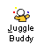 Pixelated character in yellow shirt juggling three colored balls with text below, displayed in a