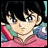 Pixelated anime-style character with dark hair and large eyes, wearing a pink and blue outfit, next to stylized text on a black background.