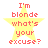 Four identical pixelated yellow stars with red text reading "I'm blonde what's your excuse?" arranged in a on a white background