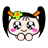 Pixelated cartoon character with black pigtails, orange horns, green flower headband, pink cheeks, and large checkered eyes; mouth changes from closed to open between frames.