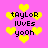 Pixelated icon with pink background, yellow hearts, and black text reading 'tayLOR lUvEs yooh' in four repeated sections.