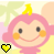 Pixelated cartoon character with pink hair, yellow tuft, and orange cheeks; two versions show heart icon change from yellow to orange.