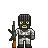 Pixelated character in dark helmet and armor holding a rifle with orange stock against gray background.