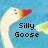 Pixelated image of a white goose with orange-red beak against blue background, displaying 'Silly Goose' text in black block letters.