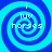 Four identical spiral patterns with blue and cyan hues, each containing pixelated text reading 'i luv horses' in white.