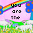 Pixelated animation of a pink sky with rainbow, blue tree, green grass, white sheep, and text changing from "you are the" to "unicorn in me!" then to three heart symbols.
