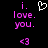 Pixelated text and symbols on black background: 'i. love. you.' in pink, white heart, and pink '<3' symbol.