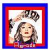 A woman with wavy brown hair and red lipstick holds a crown above her head, framed by layered blue and red borders with 'Agrade' text below.