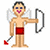 Pixelated cartoon angel holding bow and arrow with red shorts, next to green text reading "Original Icons .com" on dark background.