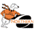 Pixelated orange crab with white and black accents, holding a black and white striped object with orange text.