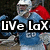 Pixelated image of a figure in blue armor with red cape and white helmet, overlaid by black text reading "Live LaX".