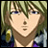 A 48x48 pixel buddy icon featuring a split composition with an anime-style character on the left and text elements on the right against a black background.