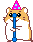 Pixelated hamster character with brown and white fur wears pink party hat, holds blue object in four distinct poses against gray background.