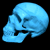 Pixelated blue skull icon with hollow eye sockets and nasal cavity against solid black background.