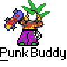 Pixel art buddy icon featuring a cartoon character with green spiky hair, colorful striped torso, purple pants, and blue-yellow weapon, displayed in two identical frames on gray background with text elements.