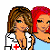 Pixelated cartoon-style image of four women in two pairs, with text fragments and partial words surrounding them.