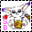 20 small square images showing a cartoon character with white fur, purple ears, and a green gem on its chest. The character's left eye is red in the first , changing to orange, yellow, green, blue, purple, pink, and brown