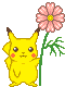 Yellow cartoon character with brown-tipped ears and red cheek circles holds a pink flower with green stem and leaves against gray background.