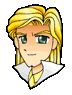 Two side-by-side pixelated character portraits with blonde hair, green eyes in left view, closed eyes in right view, white collared shirt and yellow tie.
