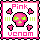 Pixel art icon with pink border, white background, and central pink skull with green eyes surrounded by four small pink hearts.