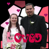 A wedding photo of a couple in formal attire with 'Loved' text overlay, set against a stained-glass background with pink hearts.
