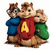 Three cartoon chipmunks in blue, red, and green shirts stand together; the central figure wears a red shirt with yellow 'A' on chest.