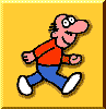 A cartoon character in a red shirt and blue pants walks across yellow backgrounds with varying poses, expressions, and foot positions.