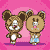 Pixelated brown bear characters in blue outfits on pink background, showing sequential expressions and poses with floating hearts.