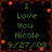 Pixelated digital image with green text reading "I Love You Nicole 9/27/08" on black background, bordered by red floral patterns and orange star-like accents.