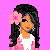 Pixel art buddy icon featuring a female character in pink attire with flower accessory and text "Pretty in pink!" on solid pink background.
