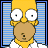 identical cartoon character heads with yellow hair, white eyes, and brown faces against a blue striped background; pink donut-shaped icons appear in some