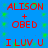 Blue background with red text reading 'ALISON + OBED I LUV U ALISON + OBED I LUV U' in two , green pixelated dots scattered across the surface