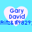 Four heart-shaped icons with blue text on a light blue background, each displaying 'Gary David' and pixelated code below.