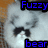 Pixelated image of a light-colored bear-like figure with dark patches on its face, overlaid by blue text reading "Fuzzy" and "bear" in blocky font.