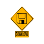 Yellow diamond-shaped icon with a floppy disk symbol and 'DOWNLOAD' text below, showing animation changes in shape and internal disk symbol.
